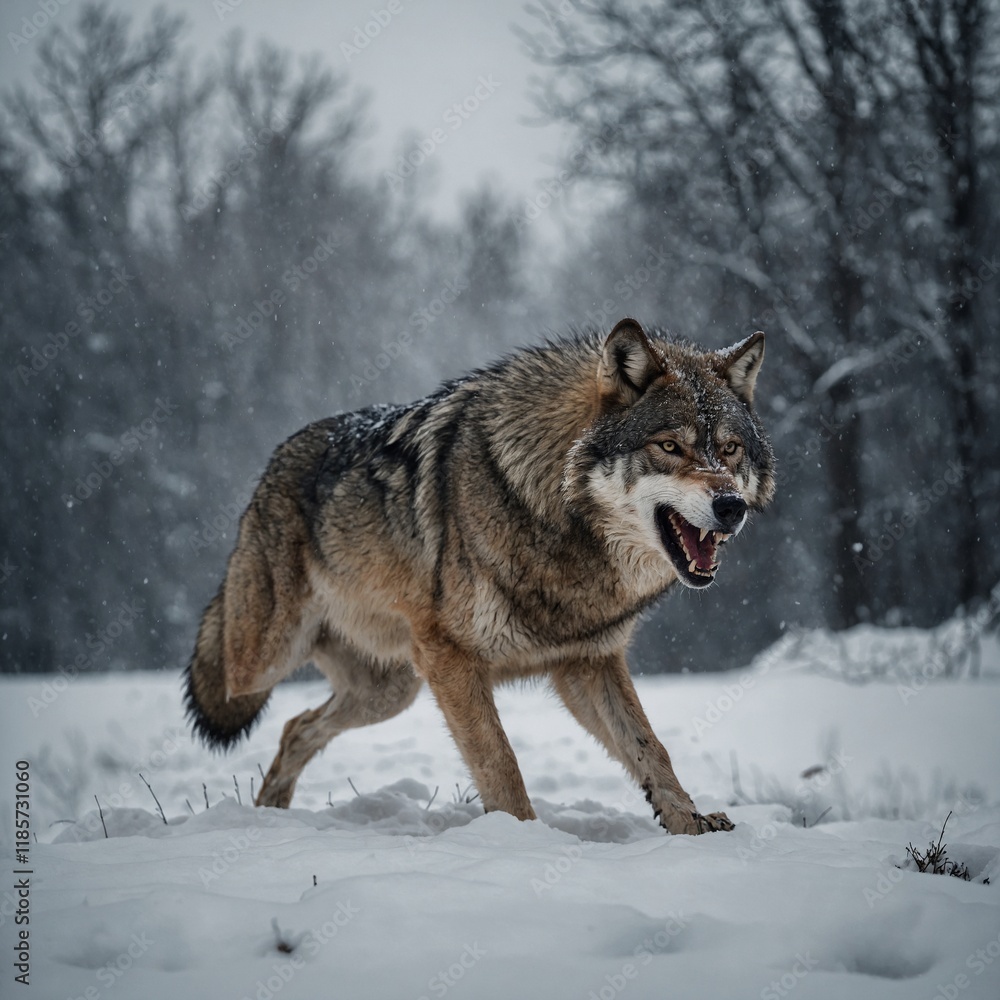 A fierce wolf baring its teeth in a snowy landscape. A fierce wolf baring its teeth in a snowy landscape.