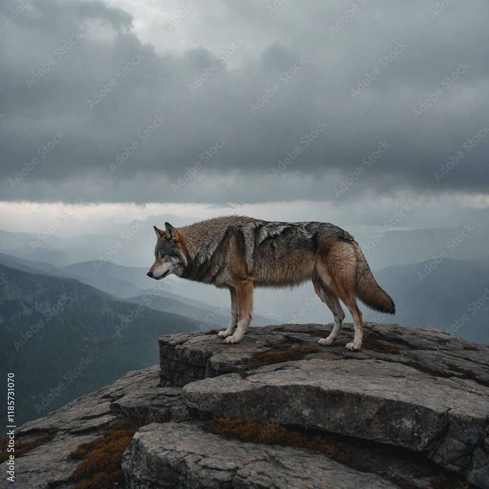 Fototapeta premium A lone wolf standing on a cliff with a cloudy white sky.