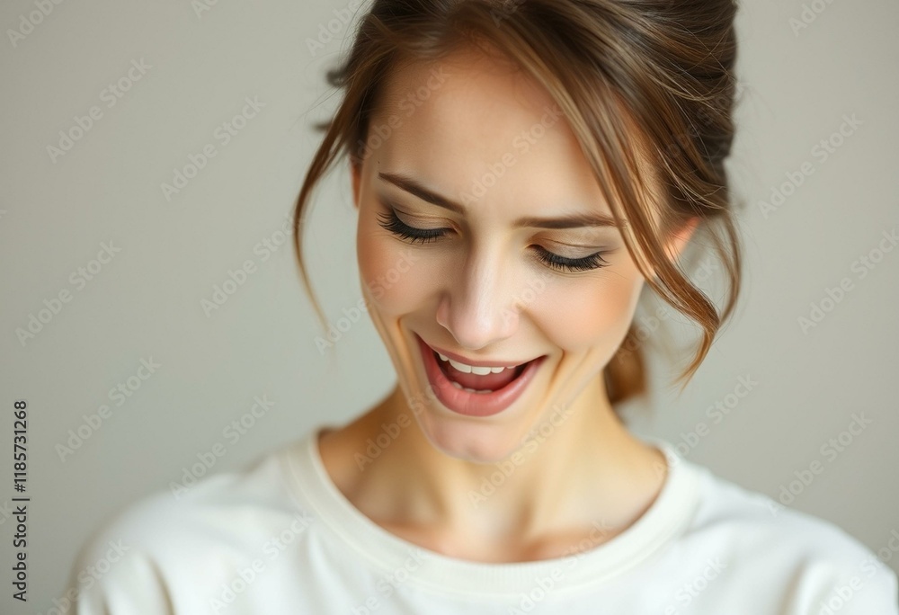 Relaxed female yawning with a subtle smile Relaxed female yawning with a subtle smile