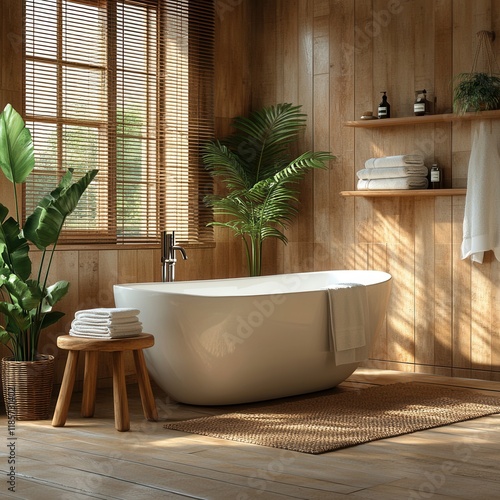 A bathroom with a bathtub, a stool, and a plant