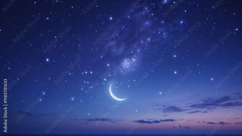 Fototapeta premium A Breathtakingly Serene Starry Night Sky with a Blanket of Twinkling Stars, a Crescent Moon, and Soft Clouds, Evoking a Sense of Calm and Wonder under the Vast Cosmos