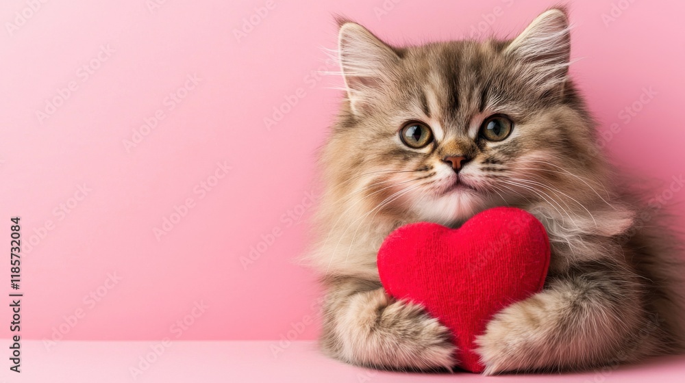 Fototapeta premium The joy of a kitten on Valentine’s Day Fluffy cat holding a red heart on a pink background, exuding cuteness and warmth.