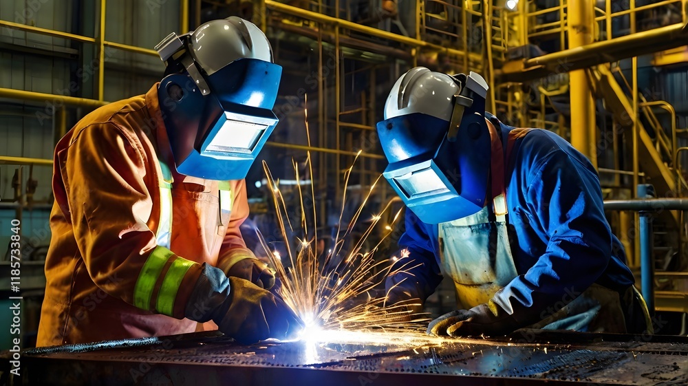 Two welders worker in protective gear welding tasks in steel structure factory, showcasing industrial labor, precision & teamwork at night Two welders worker in protective gear welding tasks in steel structure factory, showcasing industrial labor, precision & teamwork at night