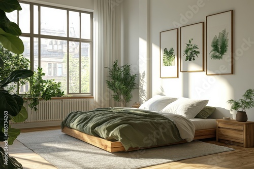 A bedroom with a large bed, a window, and a potted plant