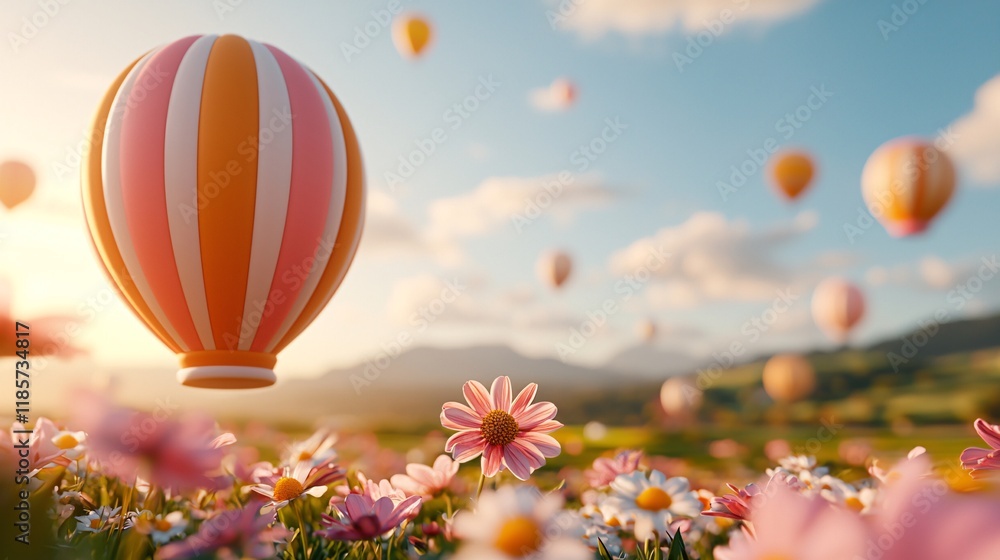 Fototapeta premium Colorful hot air balloons float above a field of vibrant flowers, illuminated by a warm sunset, creating a serene and picturesque landscape.