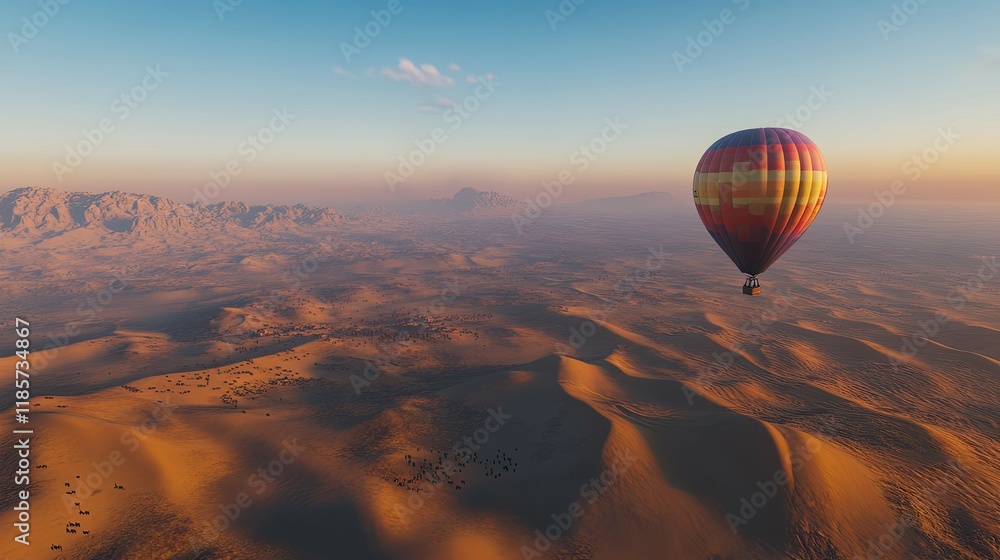 Obraz premium Desert Hot Air Balloon: Serene Sunset Landscape