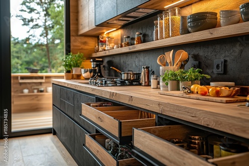 A kitchen with a wooden counter and black drawers