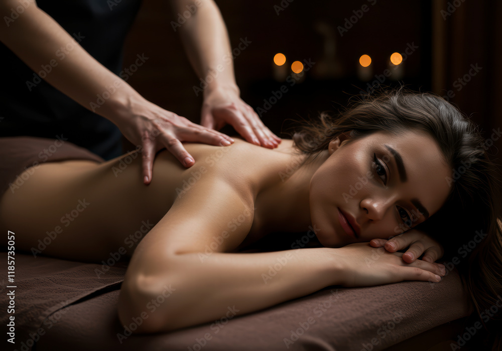 Obraz premium Tranquil Spa Experience: Young Woman Getting Massage in Low Light