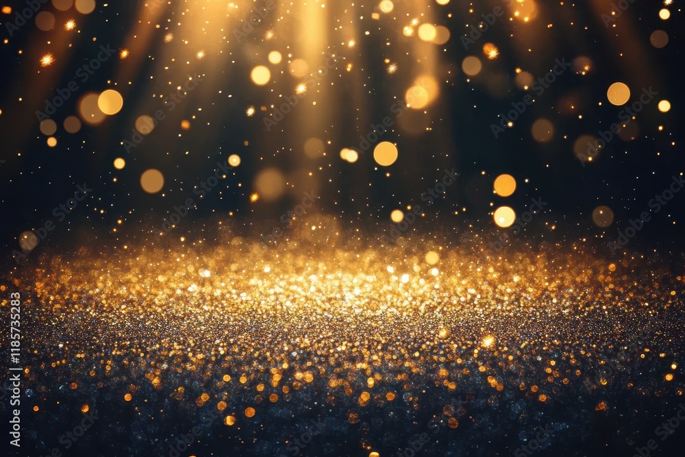 Golden glitter sparkles, spotlight, dark background, festive backdrop