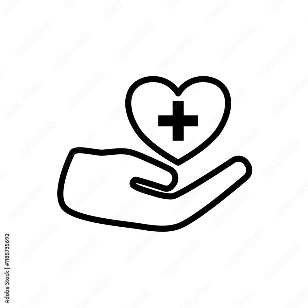 Obraz premium care icon, hand with heart and plus sign, simple flat style, logo sign symbol vector illustration pictogram, isolated on white for mobile app