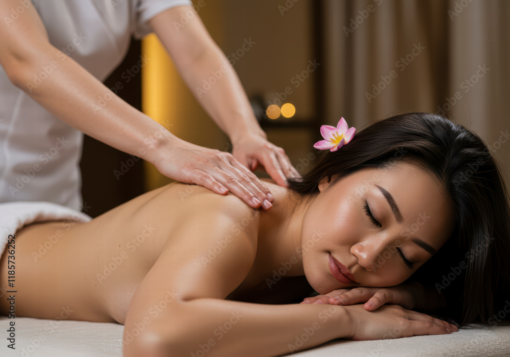 Young Woman Receiving Massage in Dimly Lit Spa Salon Young Woman Receiving Massage in Dimly Lit Spa Salon