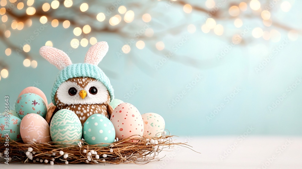 Easter animal cosplay concept. A cute owl wearing a bunny hat surrounded by pastel-colored Easter eggs on a nest with a softly lit background.