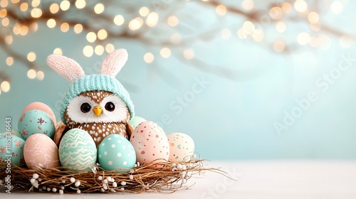 Obraz na płótnie Easter animal cosplay concept. A cute owl wearing a bunny hat surrounded by pastel-colored Easter eggs on a nest with a softly lit background. w salonie