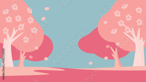 Background illustration of multiple cherry blossom trees and flowers.