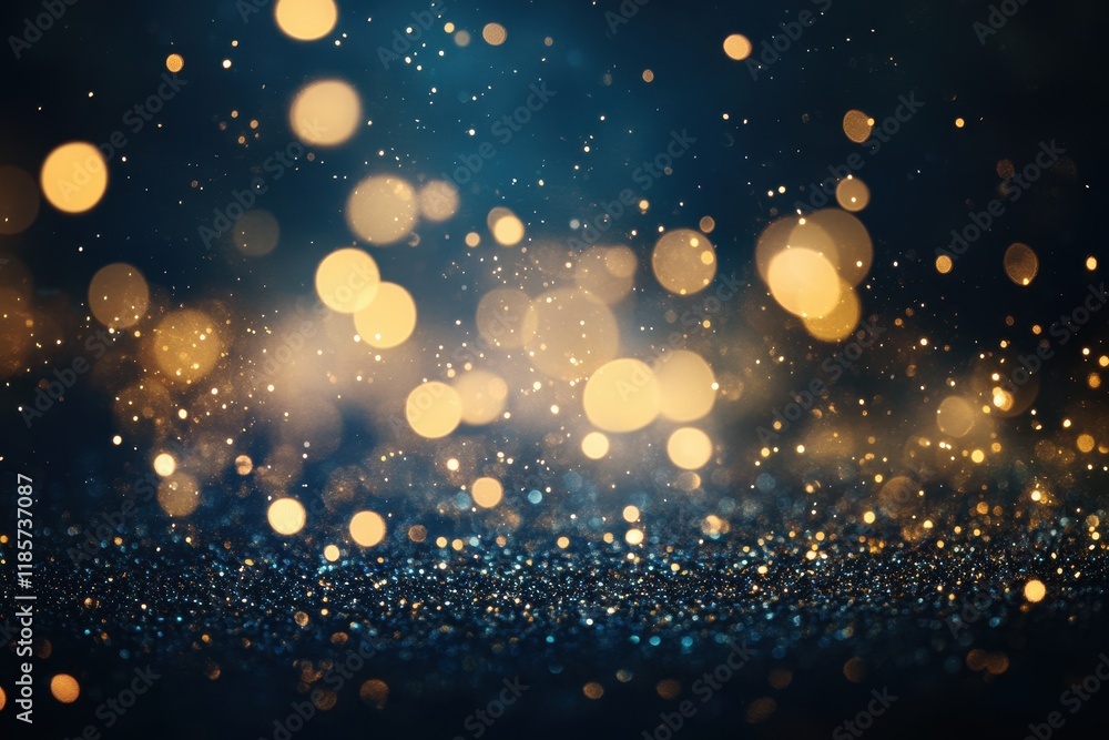 Obraz premium Golden glitter bokeh on dark blue background, festive backdrop