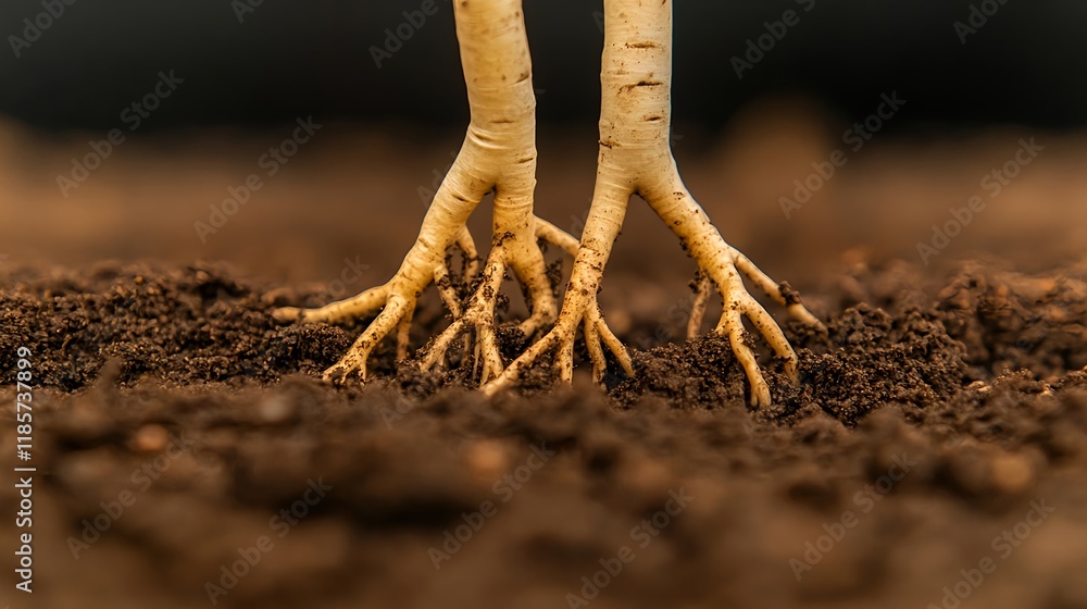 Fototapeta premium plant roots in soil, closeup macro shot - macro photography