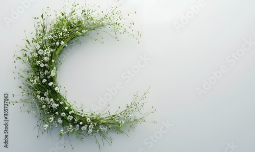 Floral half-circle wreath of white flowers and green grass on white background.