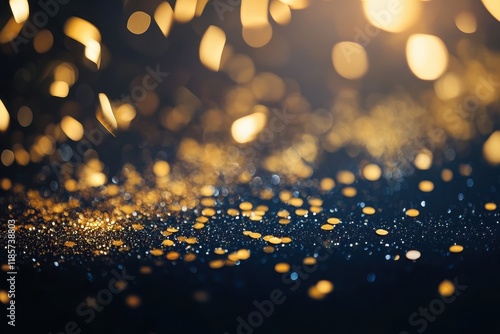 Golden glitter sparkles on dark background, bokeh lights, festive backdrop photo