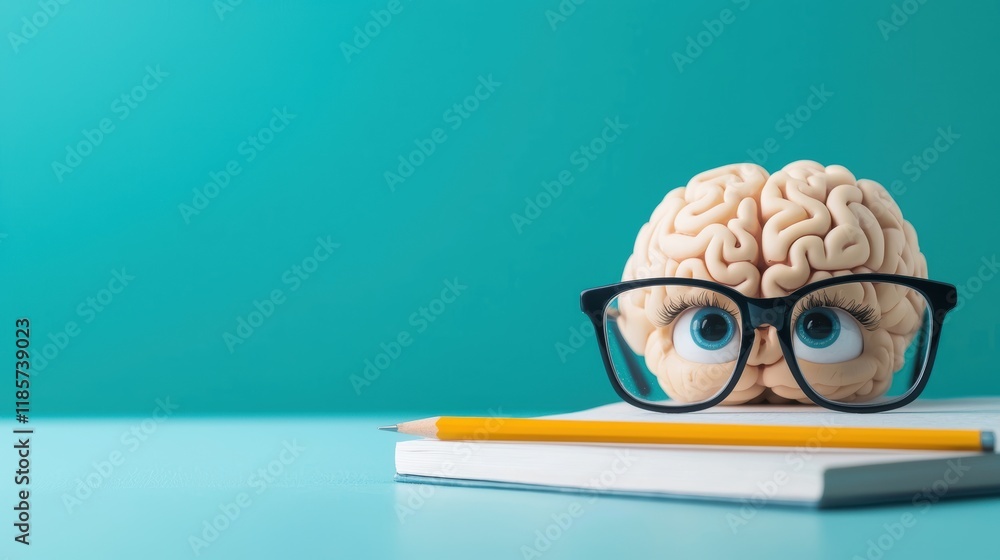 A smiling brain with bright eyes peeking over a pair of reading glasses, holding a pencil, embodying the joy of learning and exploration. A smiling brain with bright eyes peeking over a pair of reading glasses, holding a pencil, embodying the joy of learning and exploration.