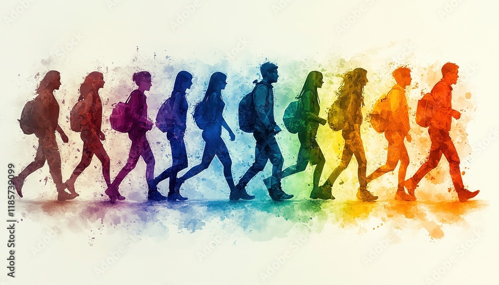 Group walks, colorful, in front of white background, for travel use Group walks, colorful, in front of white background, for travel use