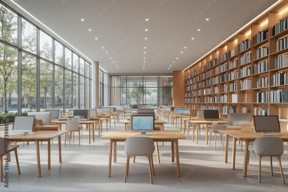 A large room with many desks and chairs, and a large library with many books A large room with many desks and chairs, and a large library with many books