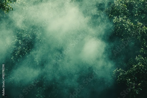 Foggy forest canopy, aerial view, misty background, nature backdrop photo