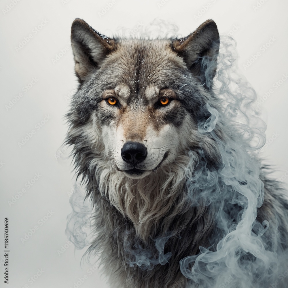 Fototapeta premium A surreal wolf with glowing floA wolf made of smoke, blending into a white background.wers growing from its fur on white.