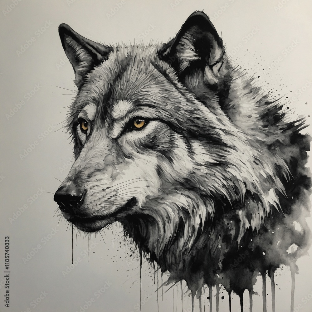 Fototapeta premium A minimalist sketch of a wolf in black ink on a white canvas.