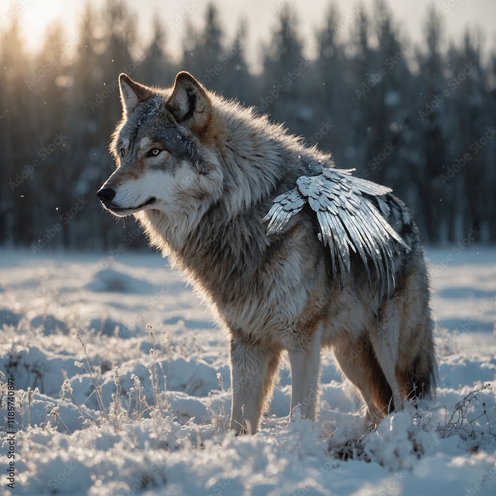 Obraz premium A wolf with shimmering silver fur and fairy wings on a white field.
