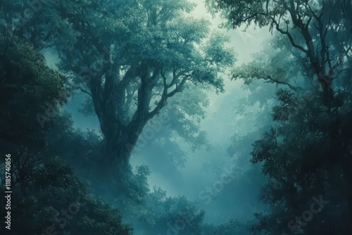 Misty Forest Path, Trees, Fog, Nature, Landscape, Background, Enchanting, Fantasy, Illustration, Game