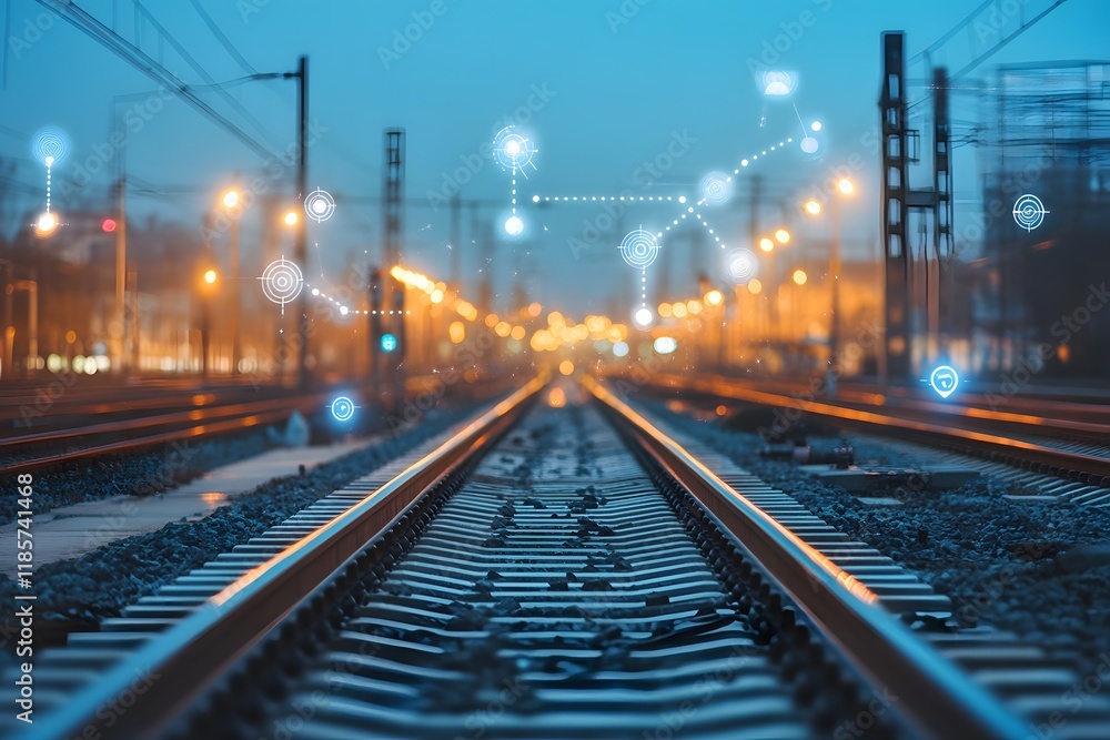 Smart Railway Network Night Train Tracks, City Lights, Data Smart Railway Network Night Train Tracks, City Lights, Data