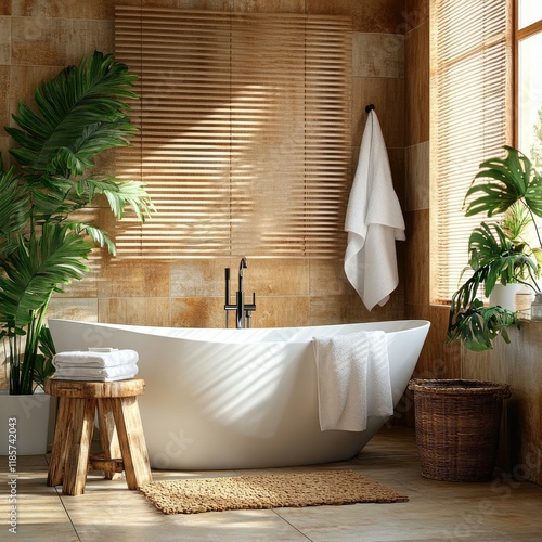 A bathroom with a bathtub, a stool, and a basket of towels