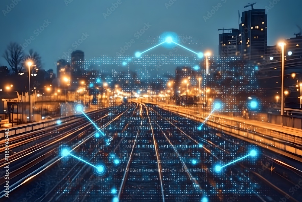 Night city train tracks, digital data flow, urban transport, connectivity Night city train tracks, digital data flow, urban transport, connectivity