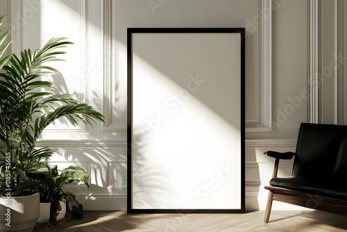 Sunlight illuminates blank poster mock-up in elegant room photo