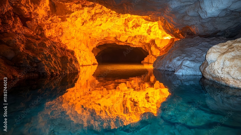 fiery cave reflection, underground lake - surreal/dreamlike imagery
