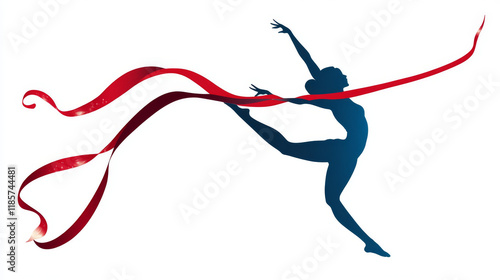 Rhythmic gymnastics emblem or symbol design with abstract blue silhouette of dancing gymnast with red ribbon photo