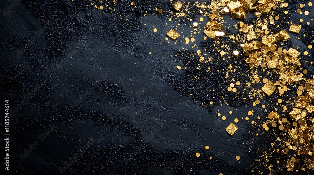 Black background with gold glitter and confetti. Black background with gold glitter and confetti.