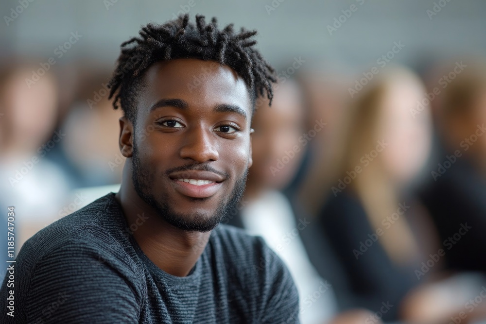 Happy black university student writes notes while using laptop outdoors and looking at camera. Generative AI Happy black university student writes notes while using laptop outdoors and looking at camera. Generative AI