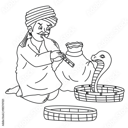 Cute cartoon hand drawn vector snake charmer coloring page.