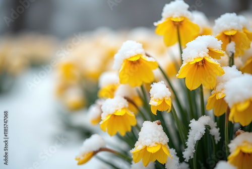 Yellow spring flowers under the snow.