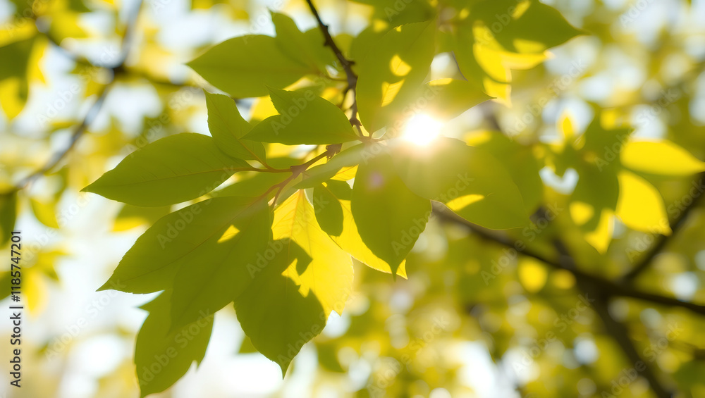 Bright Fresh Spring Leaves Illuminated by Golden Sunbeams in Nature Bright Fresh Spring Leaves Illuminated by Golden Sunbeams in Nature