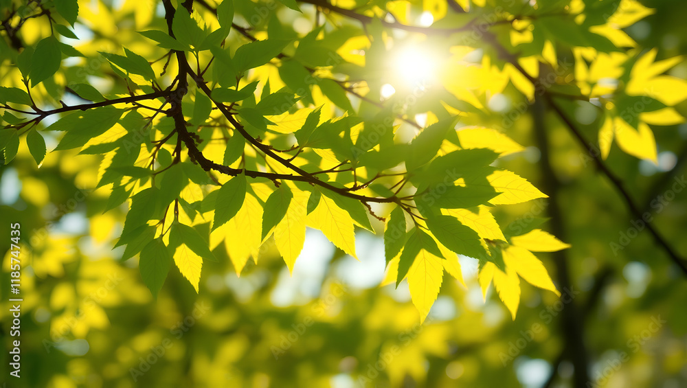 Bright Fresh Spring Leaves Illuminated by Golden Sunbeams in Nature Bright Fresh Spring Leaves Illuminated by Golden Sunbeams in Nature
