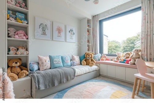 A child's bedroom with a teddy bear on the bed and a window with curtains