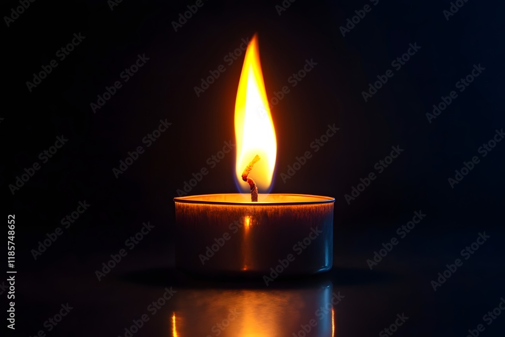 Single candle flame burning dark background reflection Single candle flame burning dark background reflection