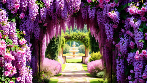 Romantic Blooming Vine Archway Covered in Spring Flowers and Sunlight