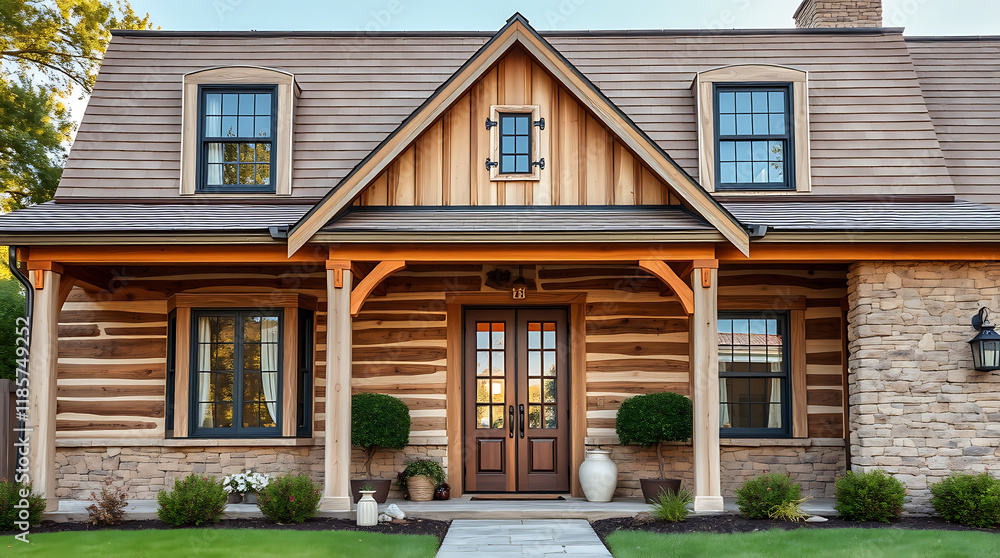 A contemporary log home with a gabled roof, stone accents, and a covered porch. The home features large windows, double doors, and landscaping. The exterior is primarily wood and stone. A contemporary log home with a gabled roof, stone accents, and a covered porch. The home features large windows, double doors, and landscaping. The exterior is primarily wood and stone.
