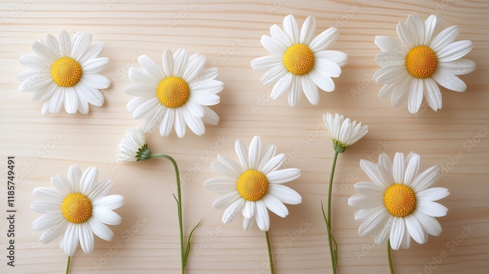 Obraz premium Fresh daisies lying on wooden table creating beautiful floral pattern