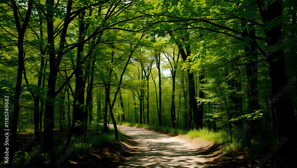Fototapeta premium Peaceful Sunlit Forest Path Winding Through Lush Green Trees in Spring
