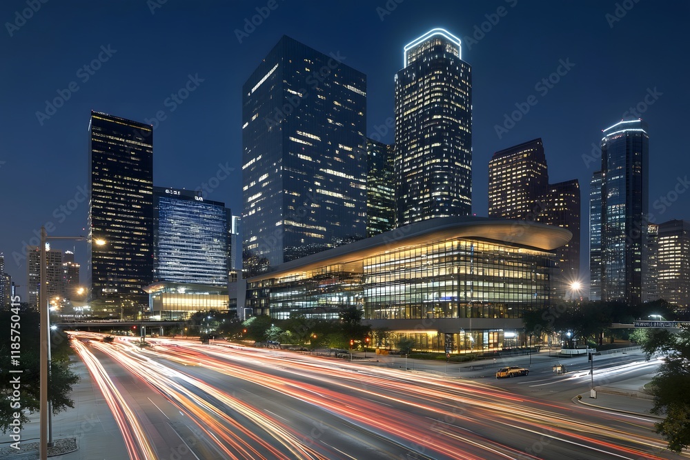 Night cityscape, highway traffic streaks, modern buildings, Texas Night cityscape, highway traffic streaks, modern buildings, Texas