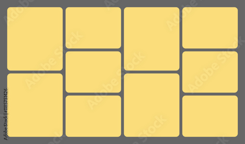 Dimensions 16x9 trendy bento grid layout style brick Ui UX templates. Web comic grids, rounded corners. Different panel layouts with y2k and brutal shapes tiles of different sizes Vector illustration